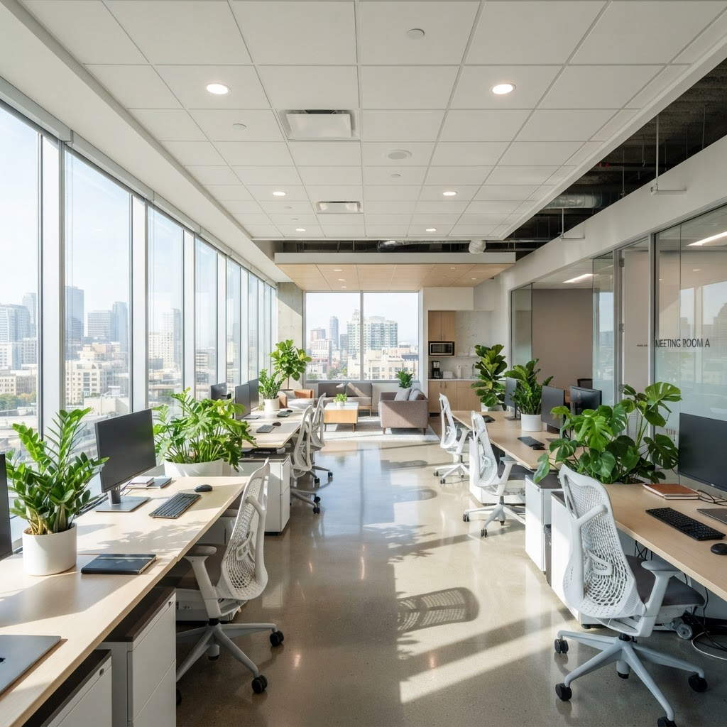Frisch gereinigtes, helles Büro mit glänzenden Böden
